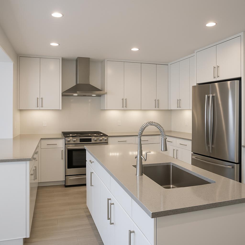 Modern kitchen with white cabinets, stainless steel appliances, and grey countertops. Central island features a single-bow...
