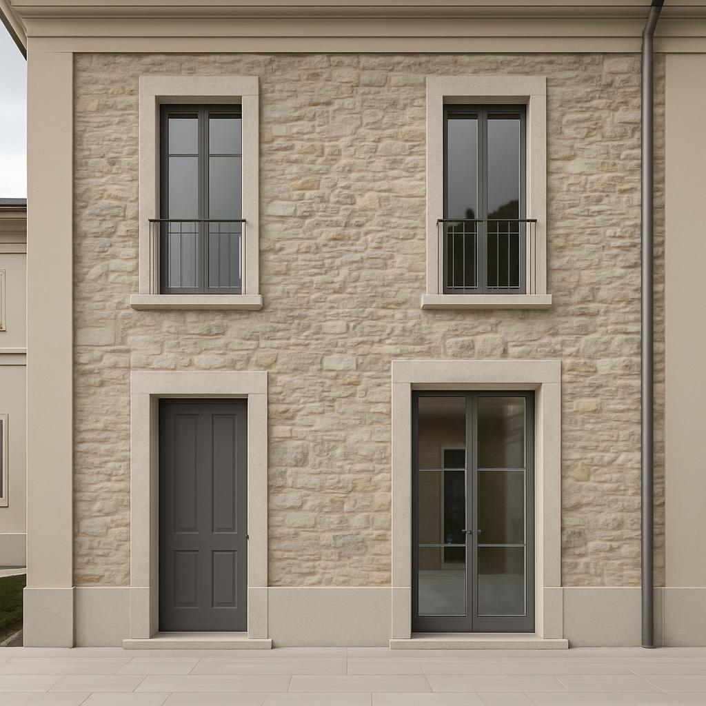 The image presents a charming, modern-style residence situated in Italy. The building's facade is constructed from light t...