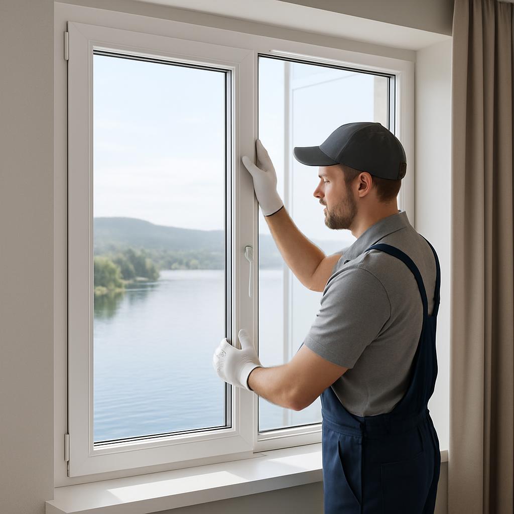 Tecnico dei vetri. In the image, a technician wearing protective gloves stands in front of a window, gazing out at the nat...